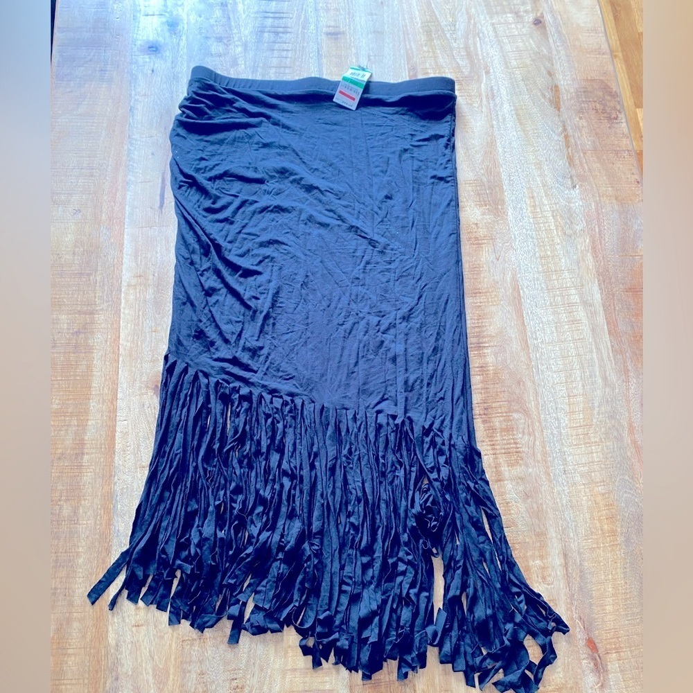 INC by Macys black long straight stretch midi skirt with fringe bodycon NWT